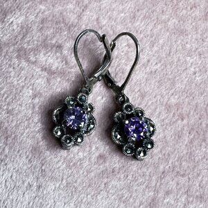 Sterling Silver Amethyst CZ & Marcasite Dangle Earrings Vintage Floral Design